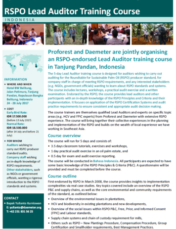 RSPO-endorsed Lead Auditor training in Tanjung Pandan, Indonesia, on 24 – 28 July 2017